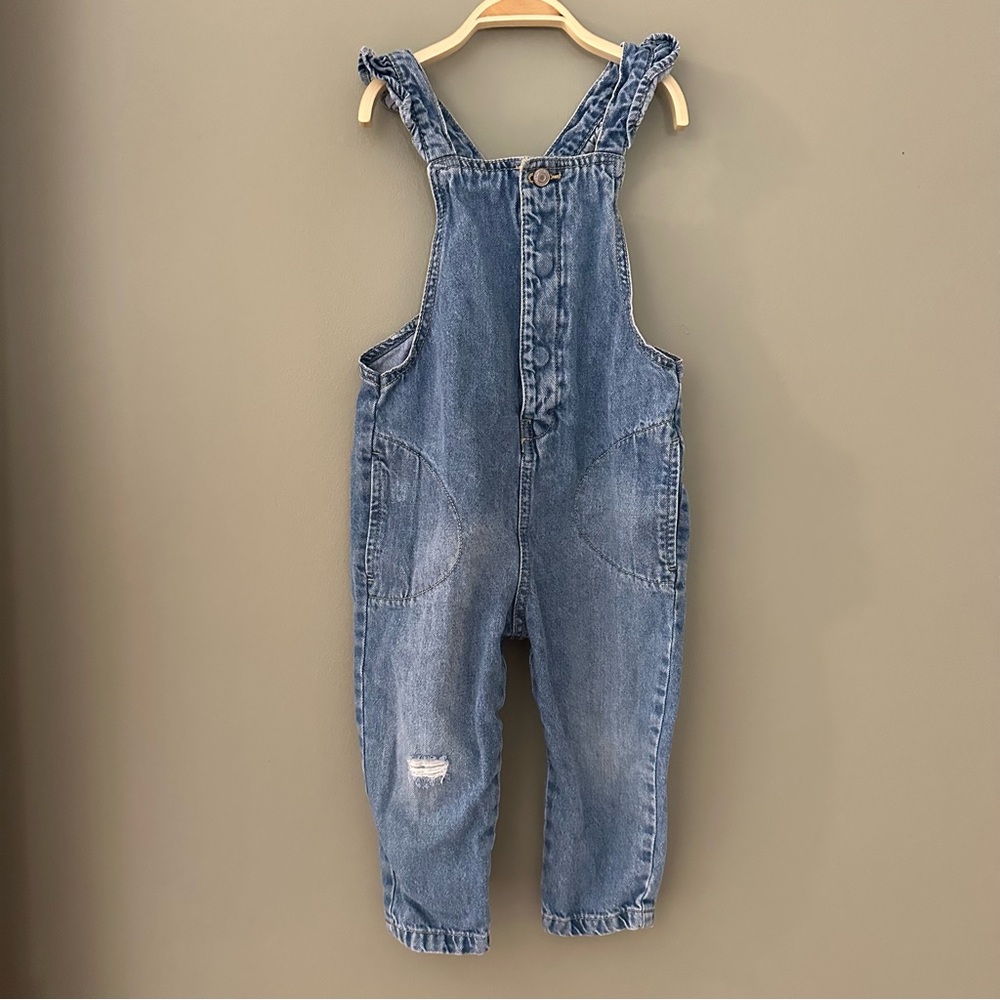 Girls Blue Denim Ruffle Overalls
